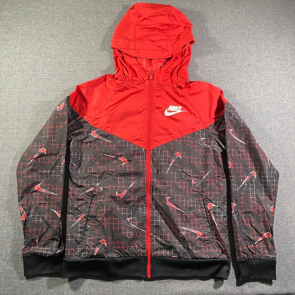 Nike Kids‎ Windbreaker Jacket Red Black Graphic Print Hooded Full Zip Size L